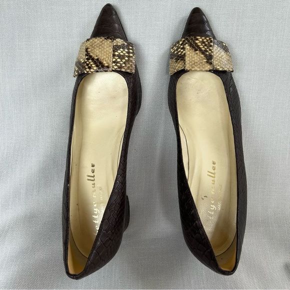 BETTYE MULLER LADIES HEELS SHOES 40 BROWN PYTHON LEATHER TEXTURED BOW POINTY - Picture 8 of 16